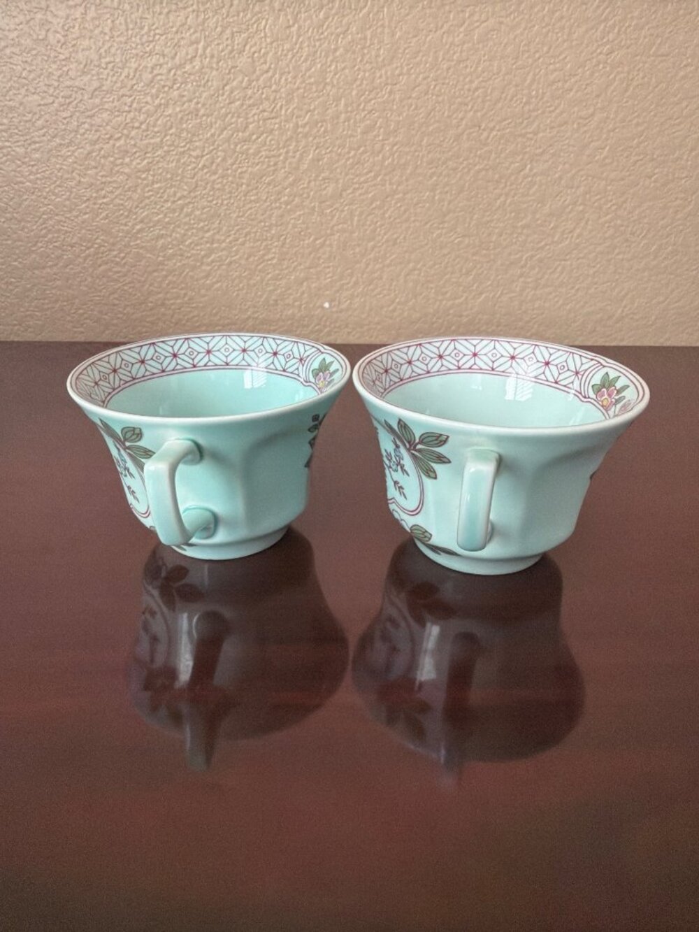 Vintage Adams Calyx Ware Singapore Bird Ironstone Teacups Aqua England Set of 2 - Picture 3 of 12